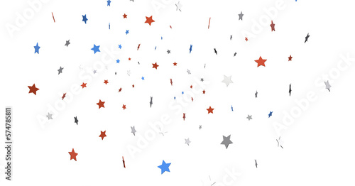 Red white blue shiny confetti stars on white background, isolate, tricolor concept,