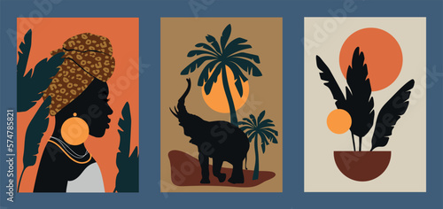 Set of fashionable posters with the silhouette of a black woman. Collection of vintage wall prints of landscape, elephant, sun and abstract figures. Flat vector illustrations. Aesthetic art set.