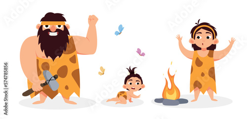 Vector illustration of cute and beautiful primitive people on white background. Charming characters of man with stone ax, woman near fire and baby crawling in cartoon style. Stone age.
