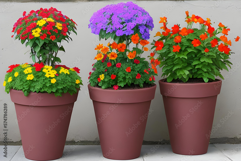 An image depicting a bunch of colorful flowers in pots (a.i. generated)