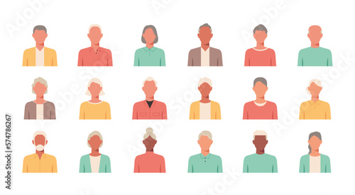 People portraits of faceless older men and women, senior men and women face avatars isolated set, vector flat illustration