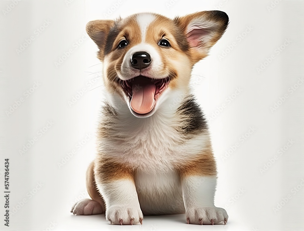 Portrait of happy and smiling cute corgi puppy dog on white background. Generative AI. Portrait of happy and smiling cute corgi puppy dog on white background. Generative AI.