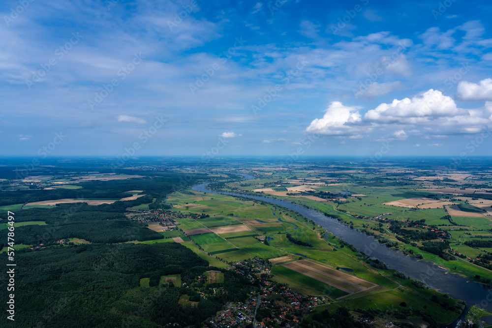 Aerial view over the Elbe in Lower Saxony