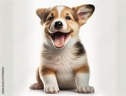 Fototapete Portrait of happy and smiling cute corgi puppy dog on white background
