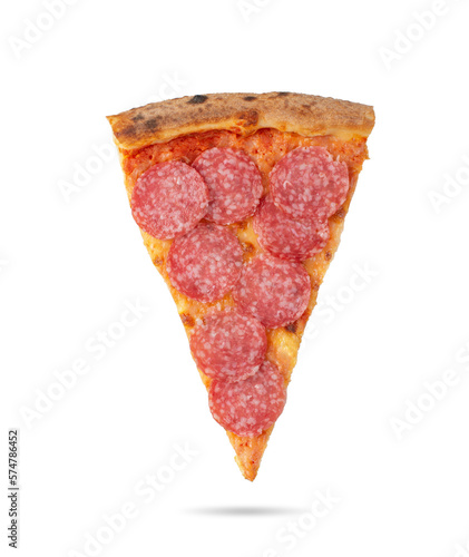 Slice of pepperoni pizza levitating on yellow background