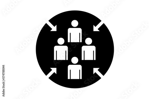Meeting point symbol vector icon on a white background. Illustration of a group of people in a circle with arrows pointing through centre. Place for meetings.