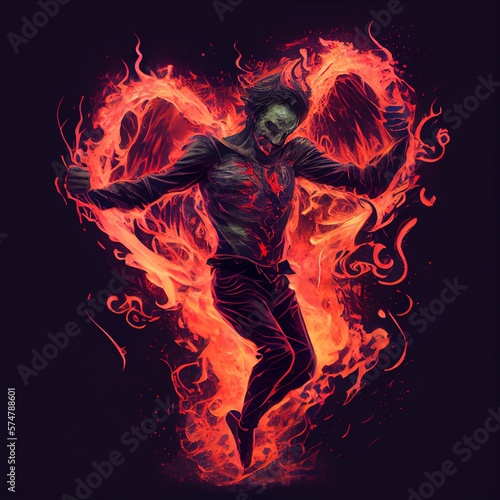 Possessed man suffering with burning flame background