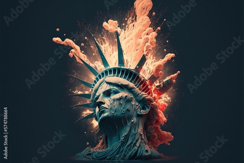 Exploding and melting Statue of Liberty head portrait. Low angle view. Isolated.