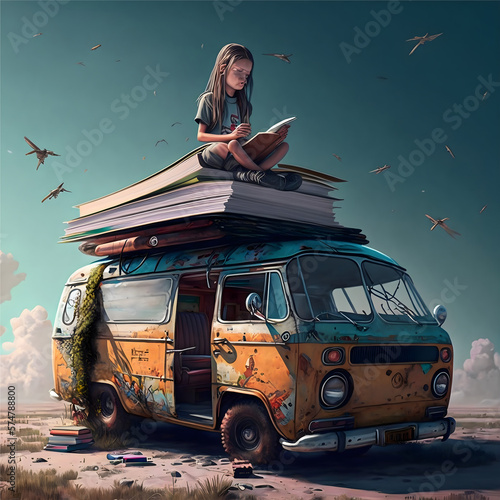 Girl reading on top of a kombi - Artificial intelligence