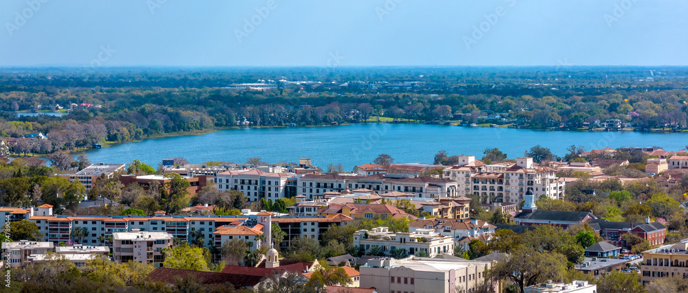 Aerial panoramic view of Winter Park, Florida. USA. Rollins College and Lake Virginia