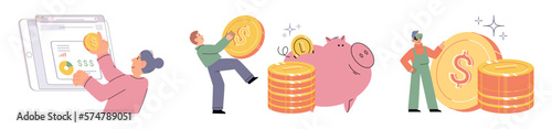 Budget plan concept. Man evaluates his income and expenses, analyzes investments and savings. Financial literacy and economics, accounting. Planning and distribution of money. Piggy bank, purse, coins