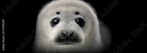 Portrait of baby white harp seal pup or saddleback seal with big expressive black eyes on a black background.  Image created with generative ai. photo