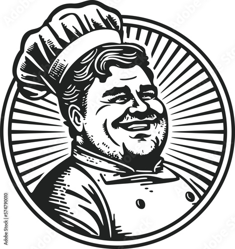 Hand drawn logo style smiling chef icon illustration. Vintage engraving style woodcut vector illustration Eps 10.