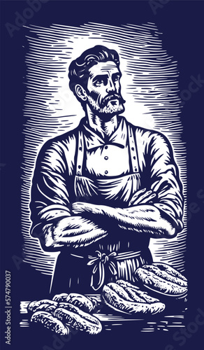 Hand drawn chef standing portrait. Vintage engraving style woodcut illustration vector Eps 10