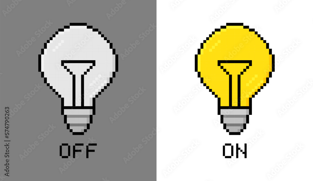 Pixel art light bulbs with switch on or switch off. 8-bit bulb icon concept for idea, thinking, creativity, brainstorming, solution. Logo design. Vector illustration Pixel art light bulbs with switch on or switch off. 8-bit bulb icon concept for idea, thinking, creativity, brainstorming, solution. Logo design. Vector illustration
