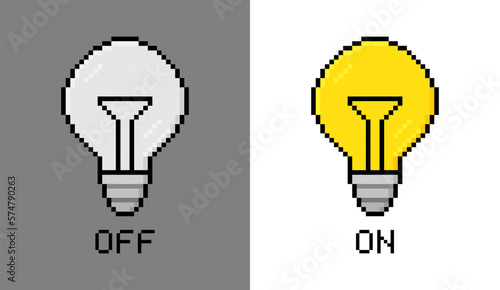Pixel art light bulbs with switch on or switch off. 8-bit bulb icon concept for idea, thinking, creativity, brainstorming, solution. Logo design. Vector illustration