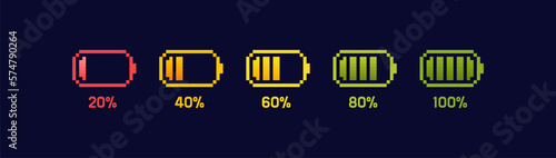 Battery charging process. Different Battery charge level. Set of pixel battery charge level indicators. 8-bit pixel art. Vector Illustration