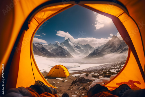 View from a tent in a mountain camp, morning view snowy mountain valleys and peaks. Generative AI