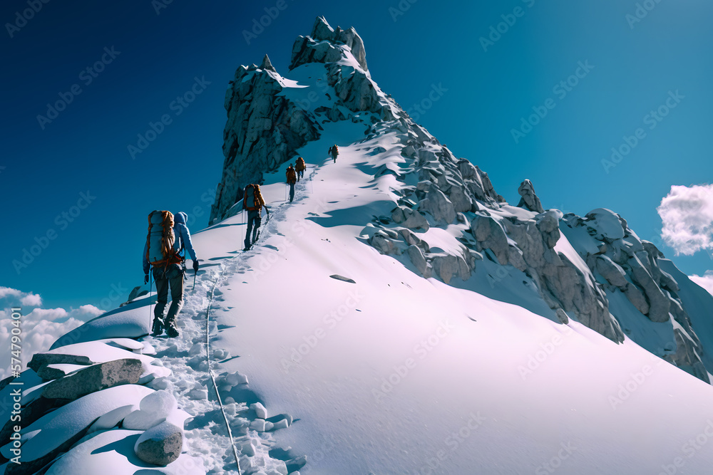 Group of mountain climbers climb the slope to the peak in sunny weather with sledges and tents equipment for overnight stays. Generative AI - obrazy, fototapety, plakaty 