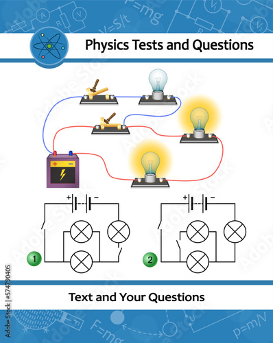 Ohms Law. Electric current is proportional to voltage and inversely proportional to resistance. Parallel circuit. Physical experiment of studying laws of electricity with simple electrical scheme. photo