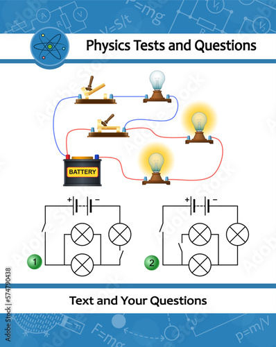 Physical experiment of studying laws of electricity. Ohm's law diagram. Electric current voltage resistance in an circuit. Parallel circuit consisting of connected lightbulbs, battery and switch.