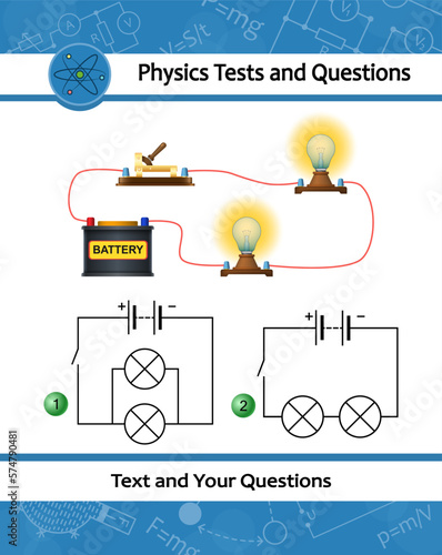Electric current in circuit. Physical experiment of studying laws of electricity with simple electrical scheme. Battery, two Light Bulb and Switch. Practical laboratory work at physics lesson school.