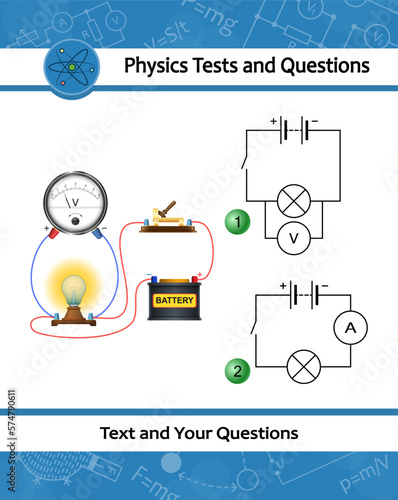 Physical experiment of studying laws of electricity with simple electrical scheme. Electric circuit has Battery, Light Bulb, Switch and voltmeter. Helpful for education in schools at physics lesson.