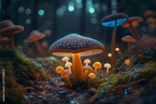 Glowing orange mushroom with little ones around at night in the forest. Generative AI