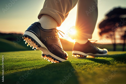 Golf Shoes With Spikes With Sunlight On Golf Green Generative AI