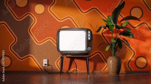 Obraz na plátně Retro TV with blank screen standing by plant against colorful 60s wallpaper