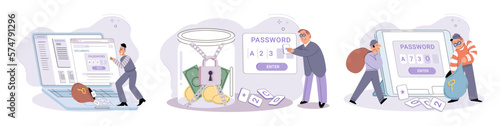 Hacker activity. Hacking computer. Phishing account, steal data, cyber attack. Stealing password. Cyber crime, theft personal information, cyber security spy access. Internet fraud scenes set metaphor