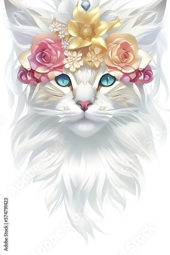 Botanical Feline: AI-Generated Image of a Cat with a Flower Crown