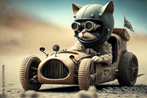 Racing cat in soapbox - Generative AI