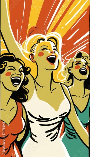 Illustration of women shouting with joy. Generative AI. 