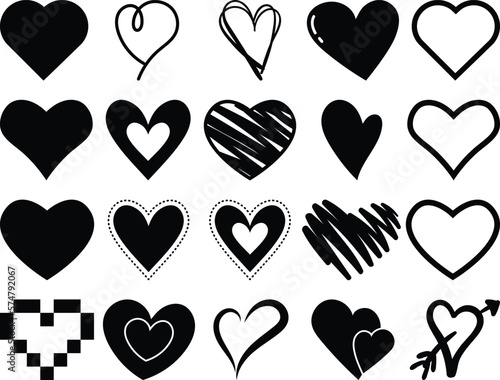 Hearts in twenty unique styles. Doodle hearsts pixel heart dotted hearts. vector illustrations. photo