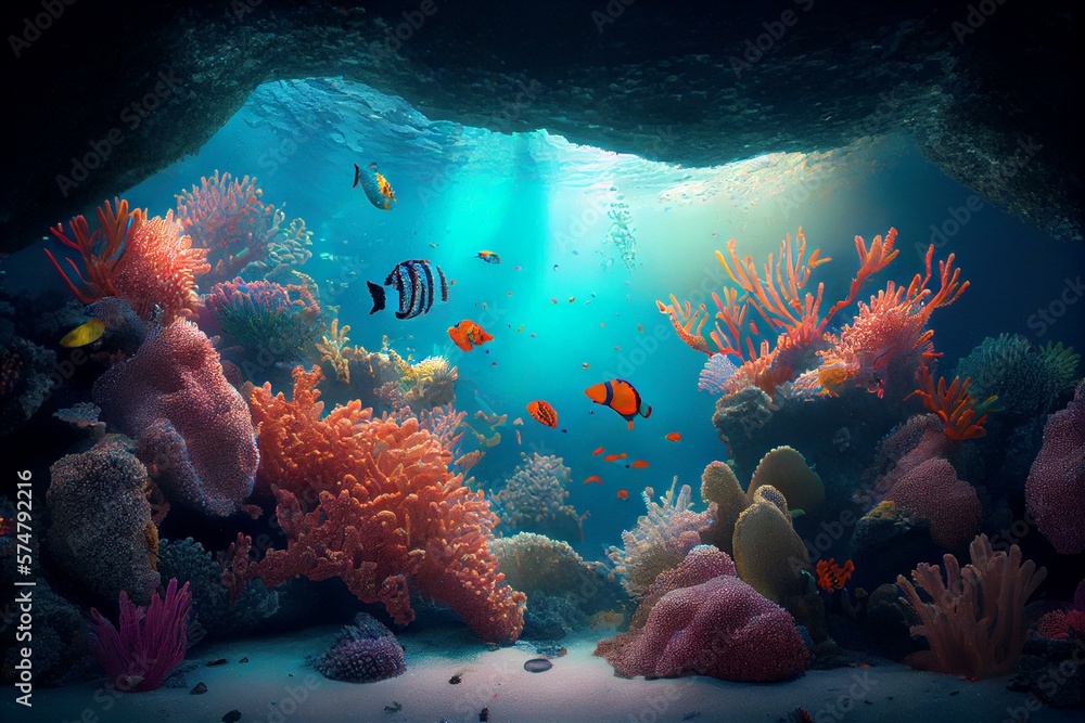 wide angle photography of Coral reefs and underwater landscapes, hyper