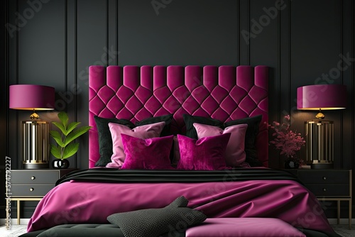 2023 bedroom furniture trends include brilliant magenta and deep black. Modern luxury room design. Painted blank wall. bed and pillows. Generative AI photo