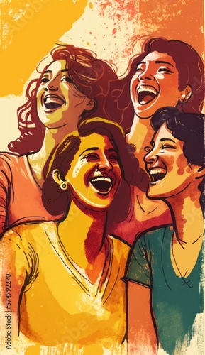Group of young women of different races smiling. Concept of happiness and celebration. Generative AI.