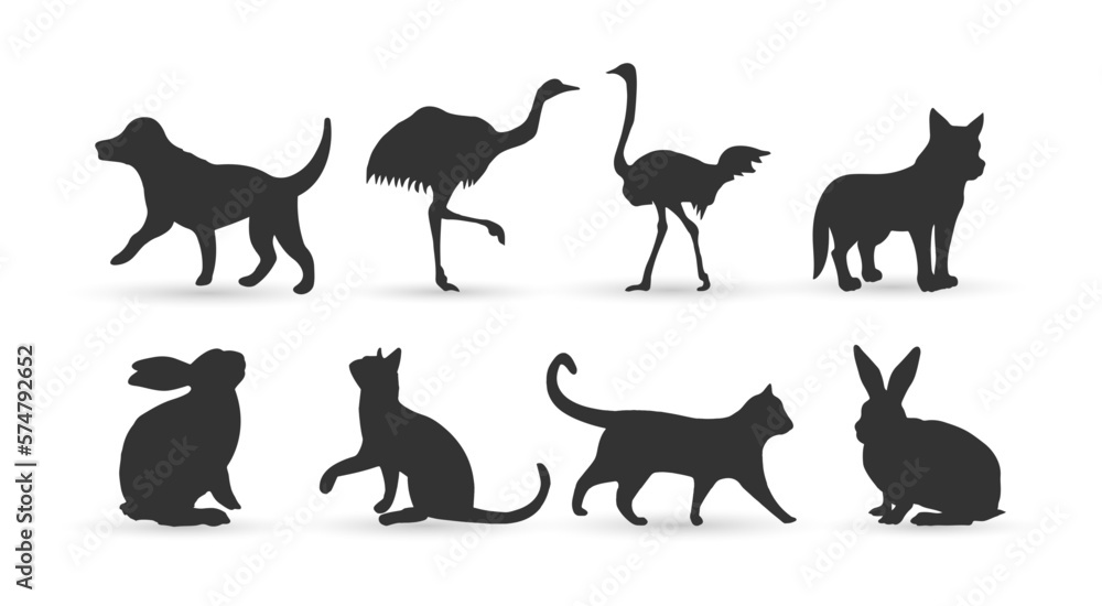 set of silhouette designs of pets, cat, dog, rabbit and ostrich, vector illustration
