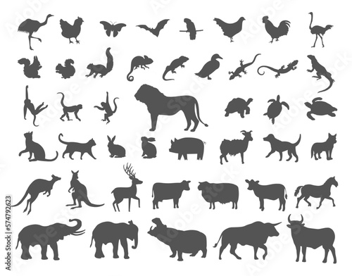 set of silhouette designs of various animals. large collection of animal elements. vector illustration