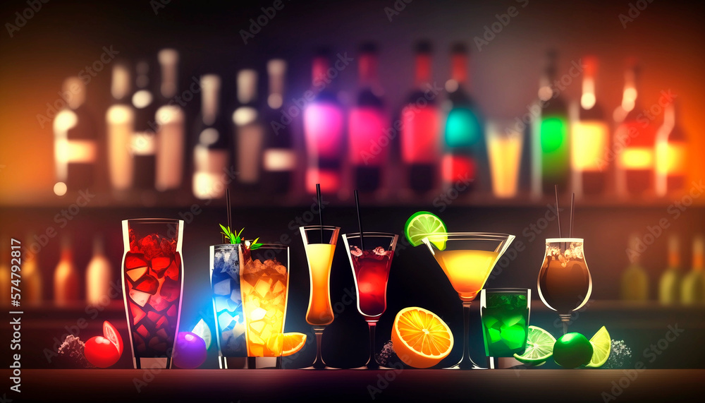 Bar counter With different cocktails blurred background bar with party. Generative AI Bar counter With different cocktails blurred background bar with party. Generative AI