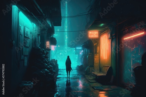 corrosive neon-lit alleys, digital art poster AI generation.