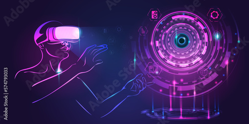 Metaverse. Silhouette of a human in augmented or virtual reality. Opportunities.  Abstract digital world on dark blue background. Vector illustration neon style