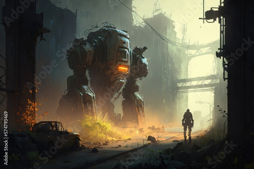 post-apocalyptic industrial wasteland ruled by robots digital art poster AI generation.