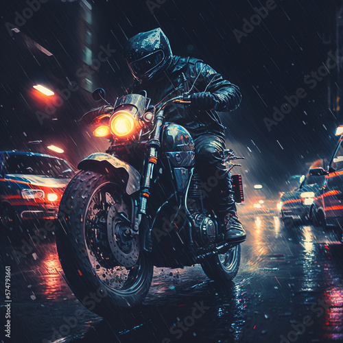 A motorcyclist rushes along the night street of the city in the pouring rain