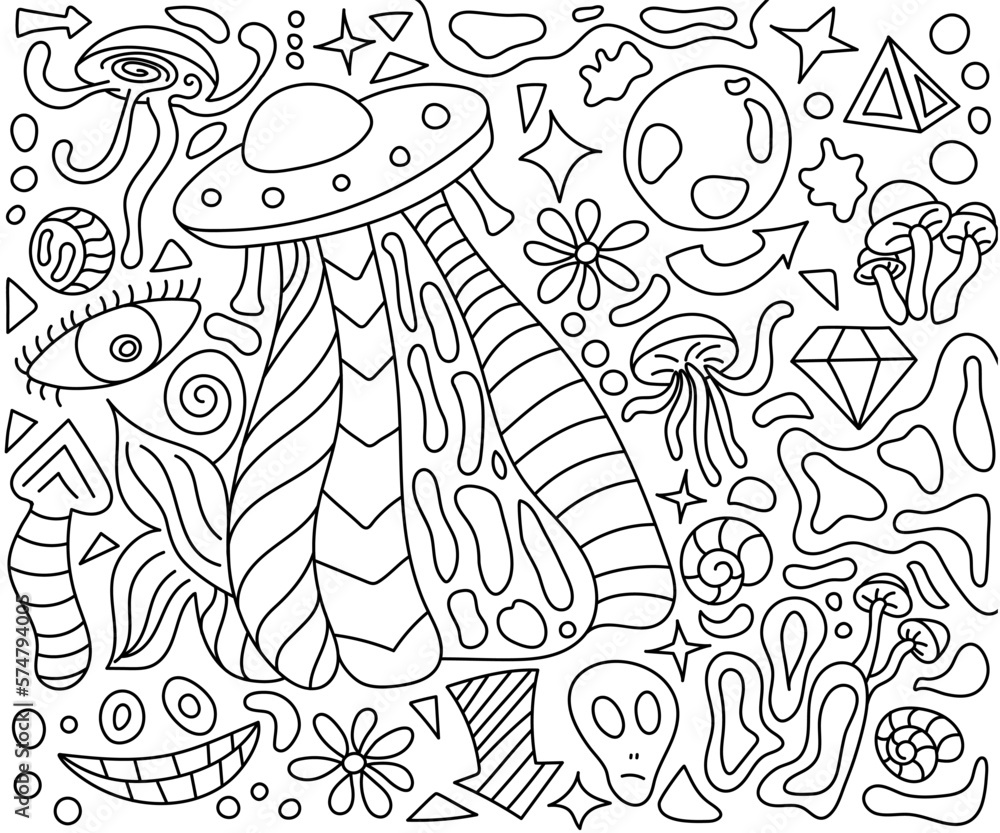 Psychedelic Abstract Coloring Book. Space, Alien, Ufo. Mushroom flowers and jellyfish. Abstract shapes and arrows. Black outline on a white background. Doodle style. Vector illustration.