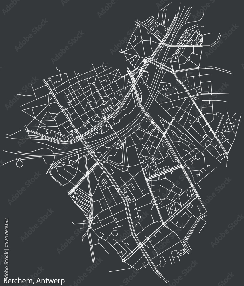 Detailed hand-drawn navigational urban street roads map of the BERCHEM DISTRICT, ANTWERP Belgium with vivid road lines and name tag on solid background