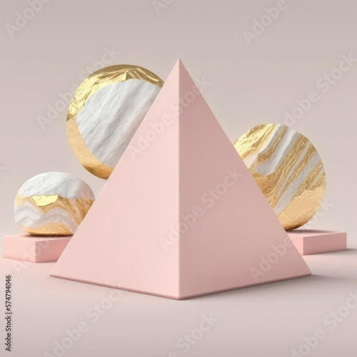 creamy pink pyramid with geometric shapes built from quartzite podium  empty showcase for packaging product presentation. AI generation.