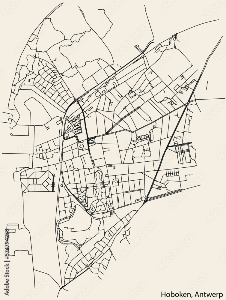 Detailed hand-drawn navigational urban street roads map of the HOBOKEN DISTRICT, ANTWERP Belgium with vivid road lines and name tag on solid background