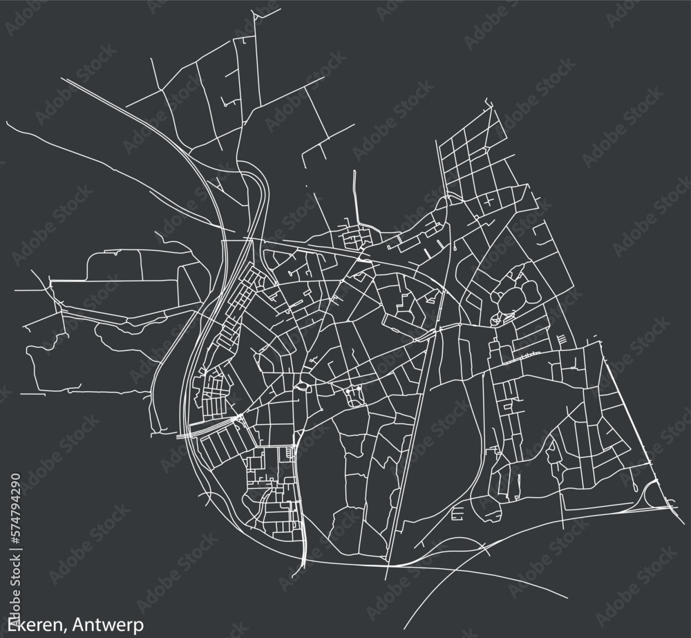 Detailed hand-drawn navigational urban street roads map of the EKEREN DISTRICT, ANTWERP Belgium with vivid road lines and name tag on solid background